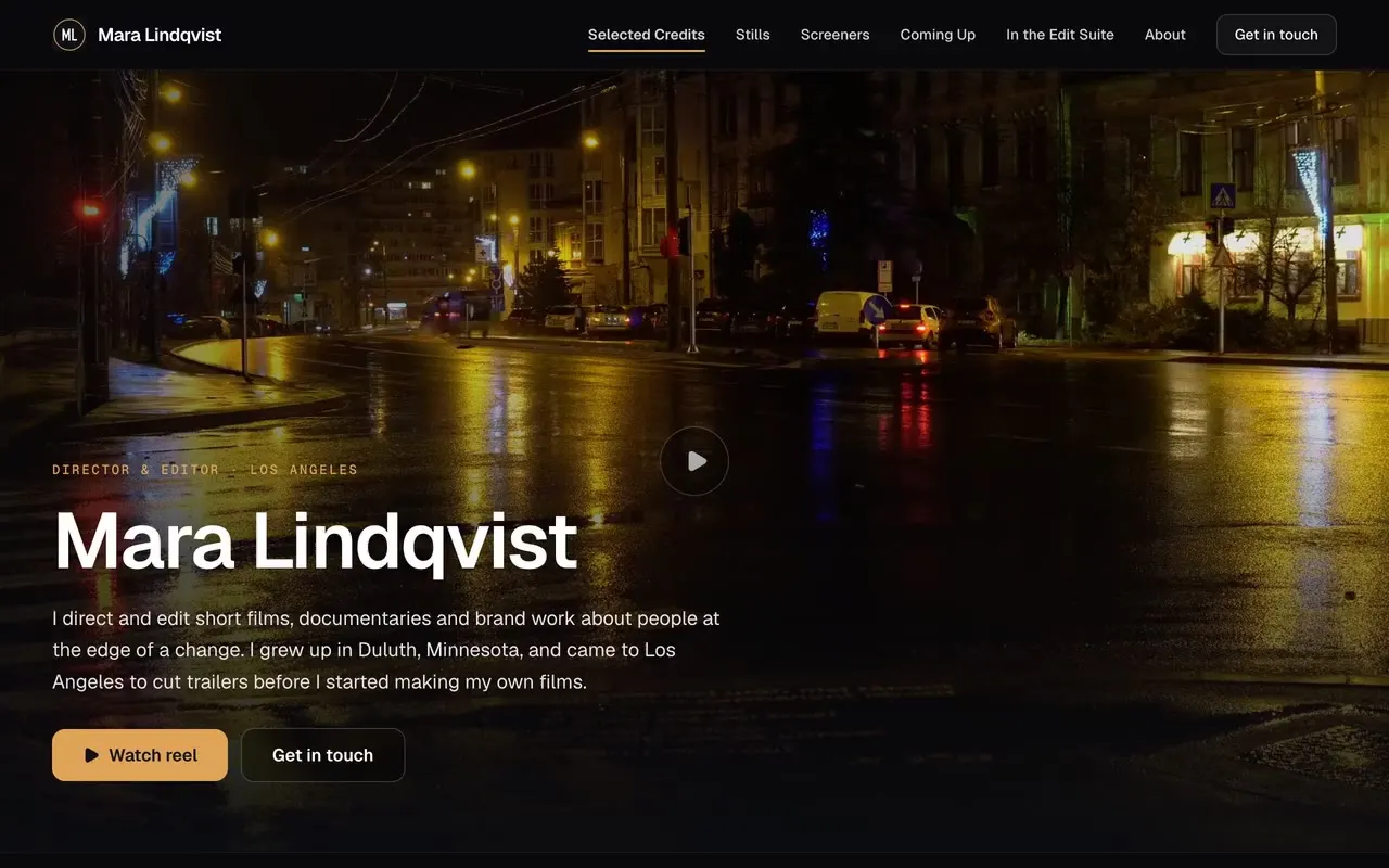 A filmmaker page in the Cutting Room design: the reel full-bleed behind her name, then a scroll down through Selected Credits to a carousel of stills