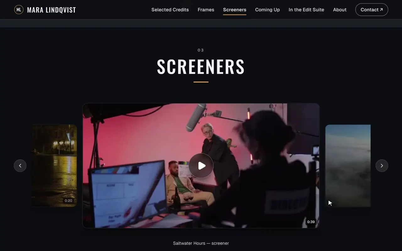 A Screeners section: a carousel of uploaded clips, one opening in the theater view and playing