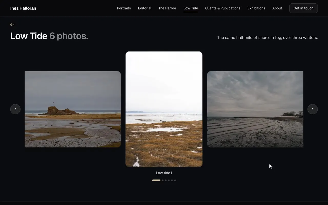 A personal series called Low Tide shown as a carousel, stepping through foggy coastline photos with their captions