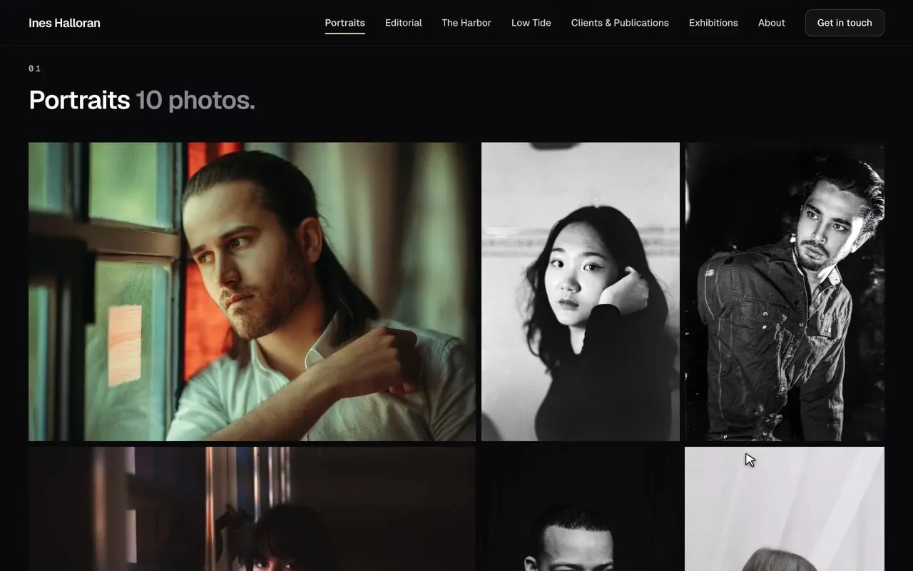 A Portraits series on a Gallery page: a portrait opens full size with its caption and a 2 of 10 counter, then steps through the series