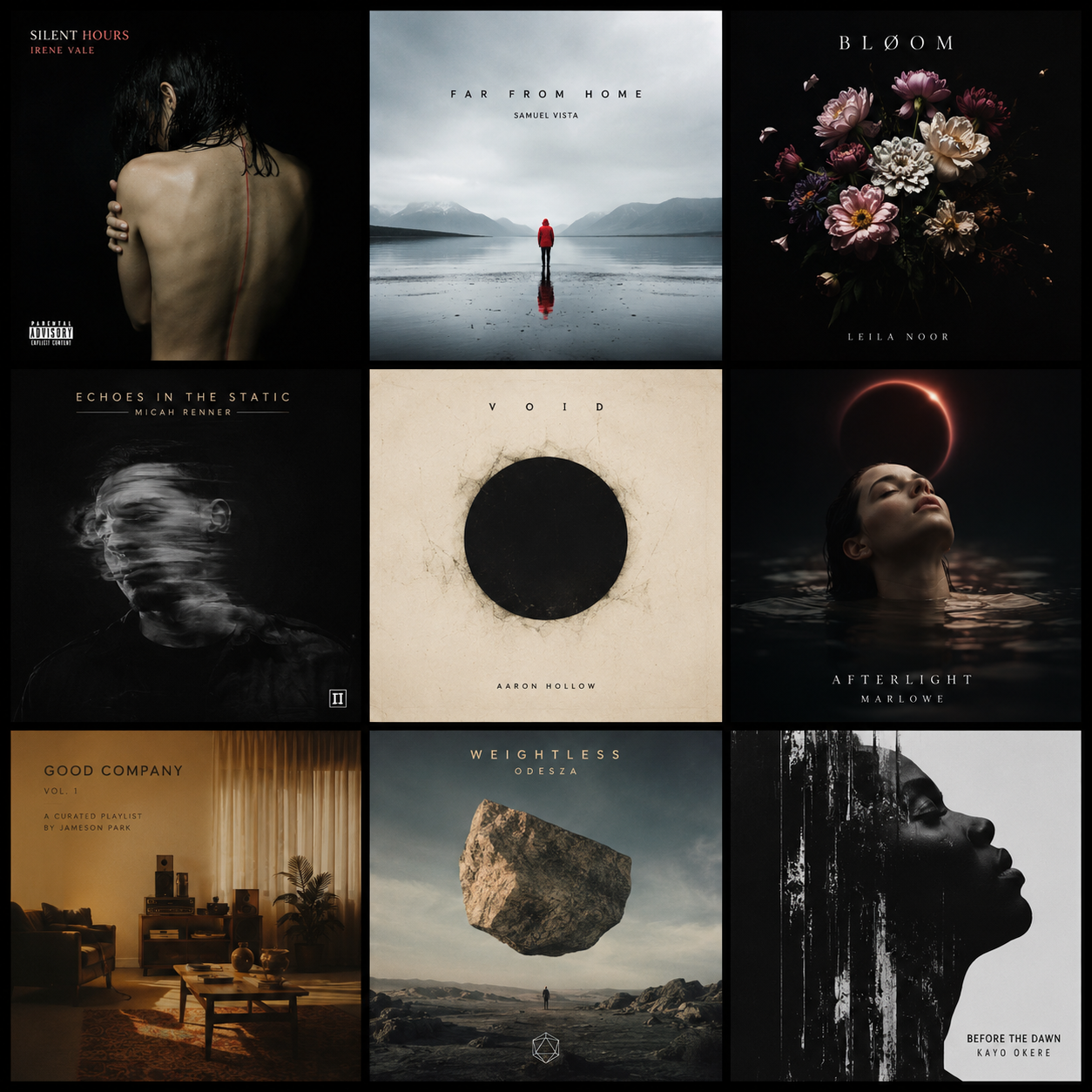 Album covers generated by DropCue AI music artwork tool, showing music-metadata-aware cover art for different genres and moods