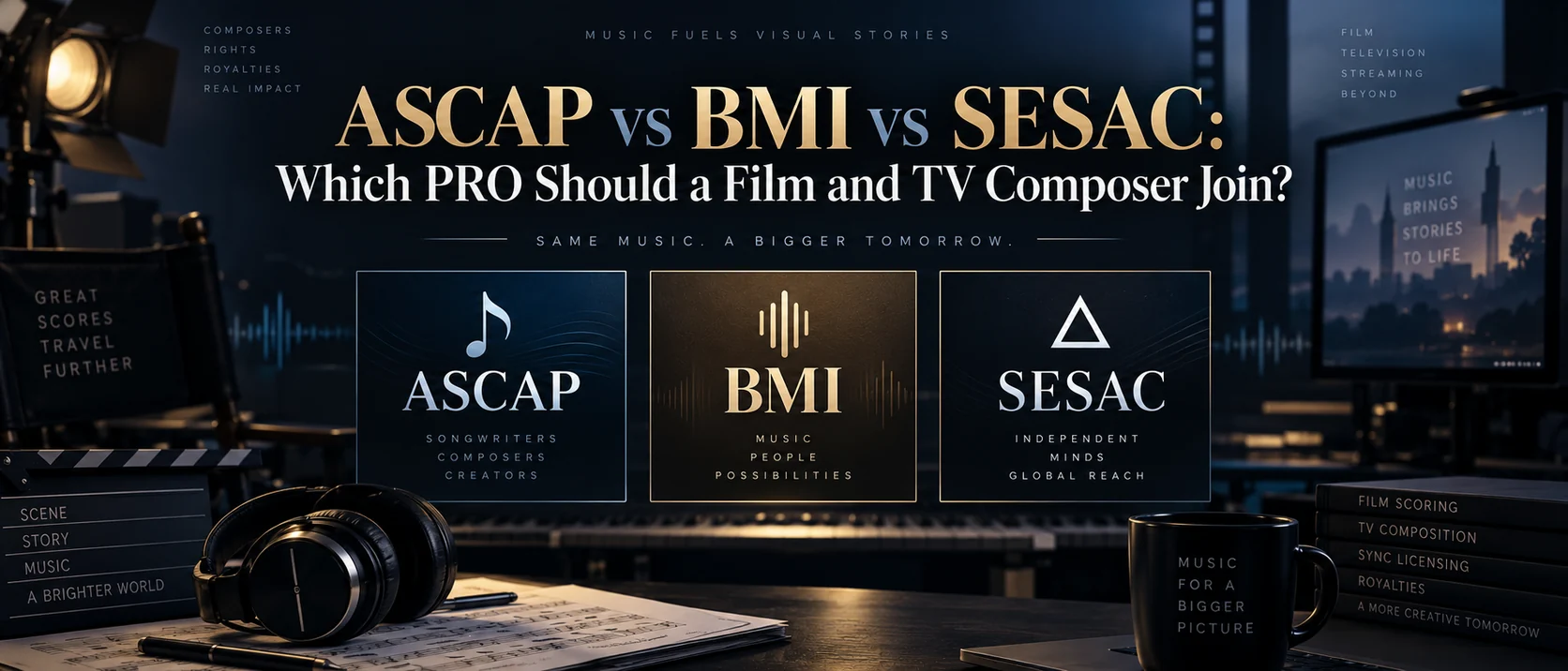 ASCAP vs BMI vs SESAC: Which PRO Should a Film and TV Composer Join? Three performing rights organization panels shown on a film scoring desk with headphones, sheet music, a keyboard and a clapperboard