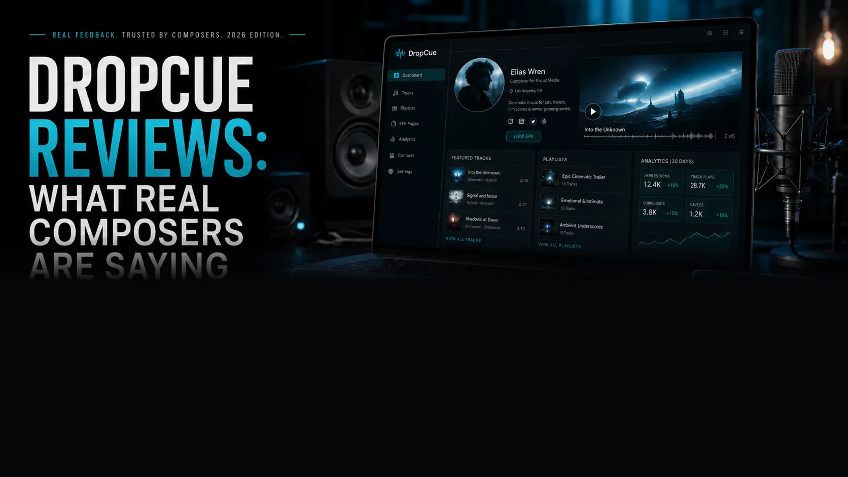 DropCue Reviews: What Real Composers Are Saying (2026) — a laptop displaying the DropCue dashboard with tracks, playlists, and analytics alongside composer review cards and an overall rating panel