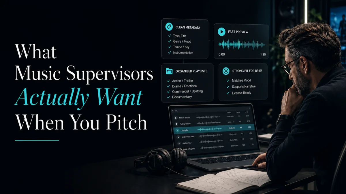 What music supervisors actually want when you pitch: a music supervisor reviewing a composer’s pitch on a laptop, with clean track metadata, fast audio preview, organized playlists by mood, and license-ready tracks that fit the brief.