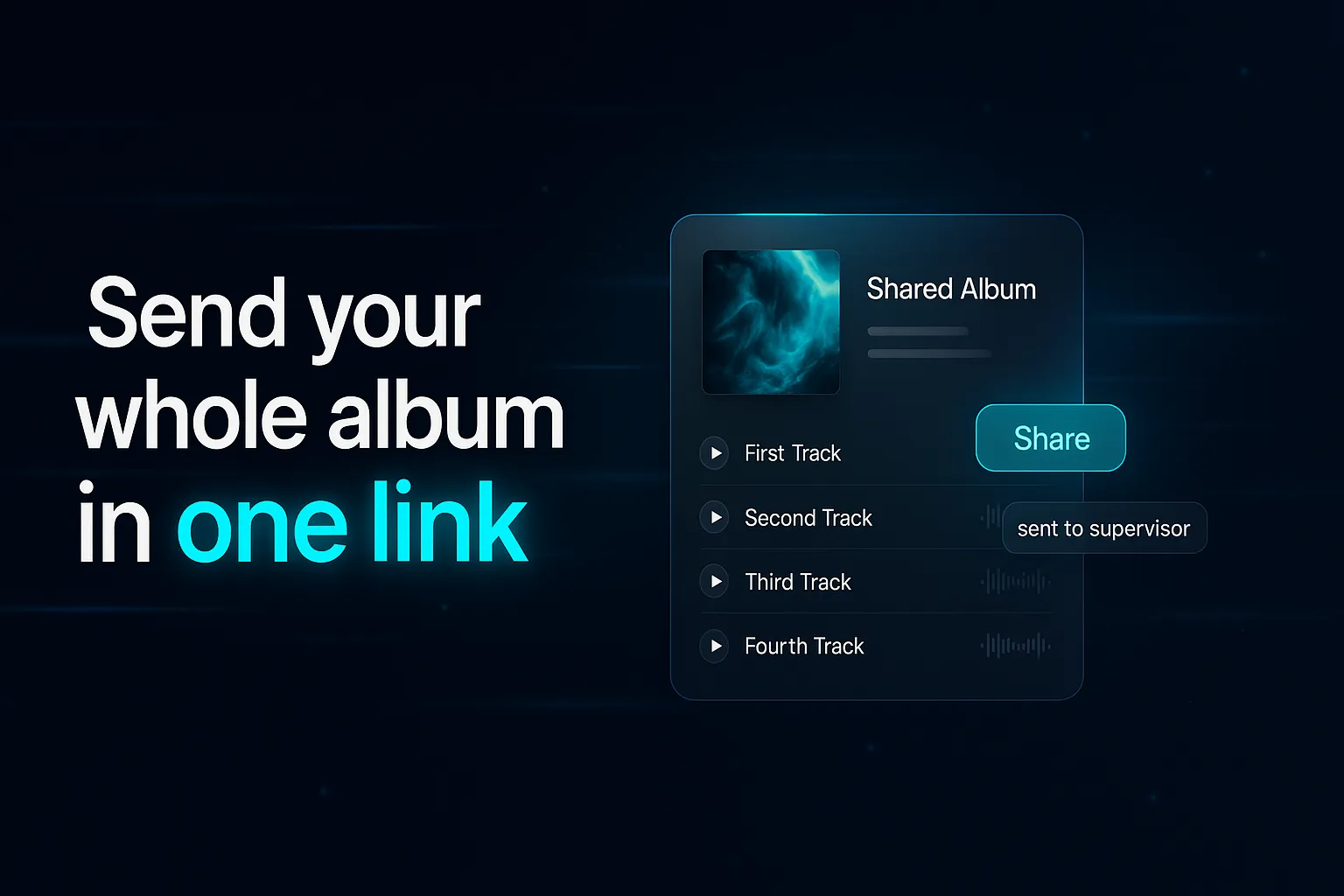 A shared album page with cover art, a track list, and a share link going to a music supervisor