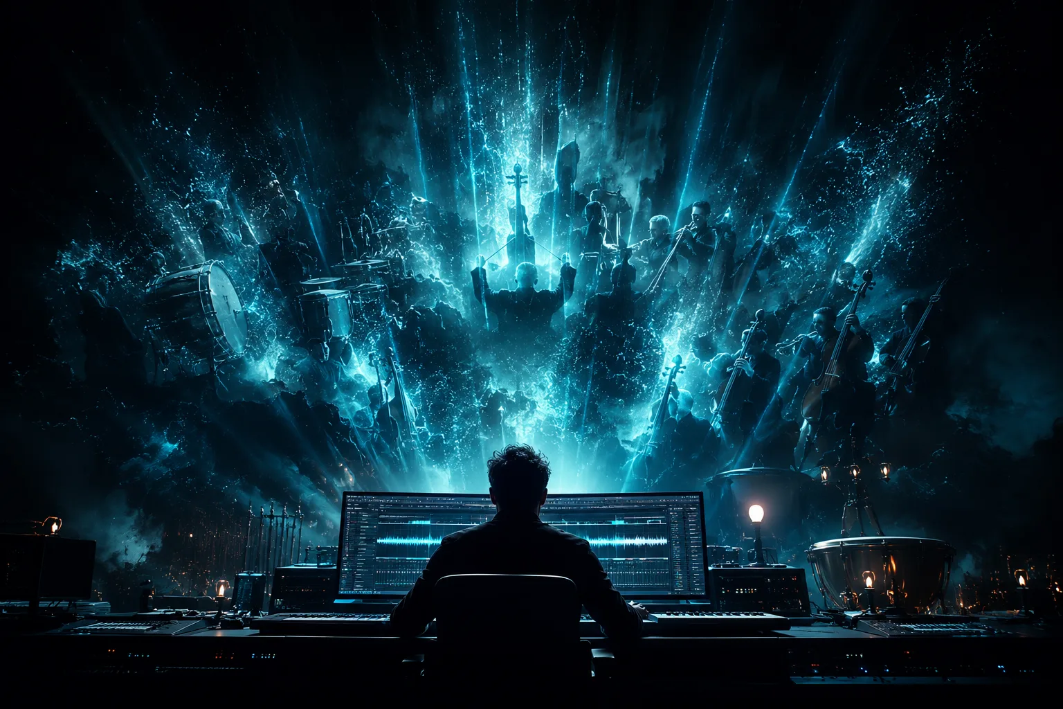 A trailer music composer at a studio desk in a dark room with dramatic cinematic light beams and orchestral energy rising behind them