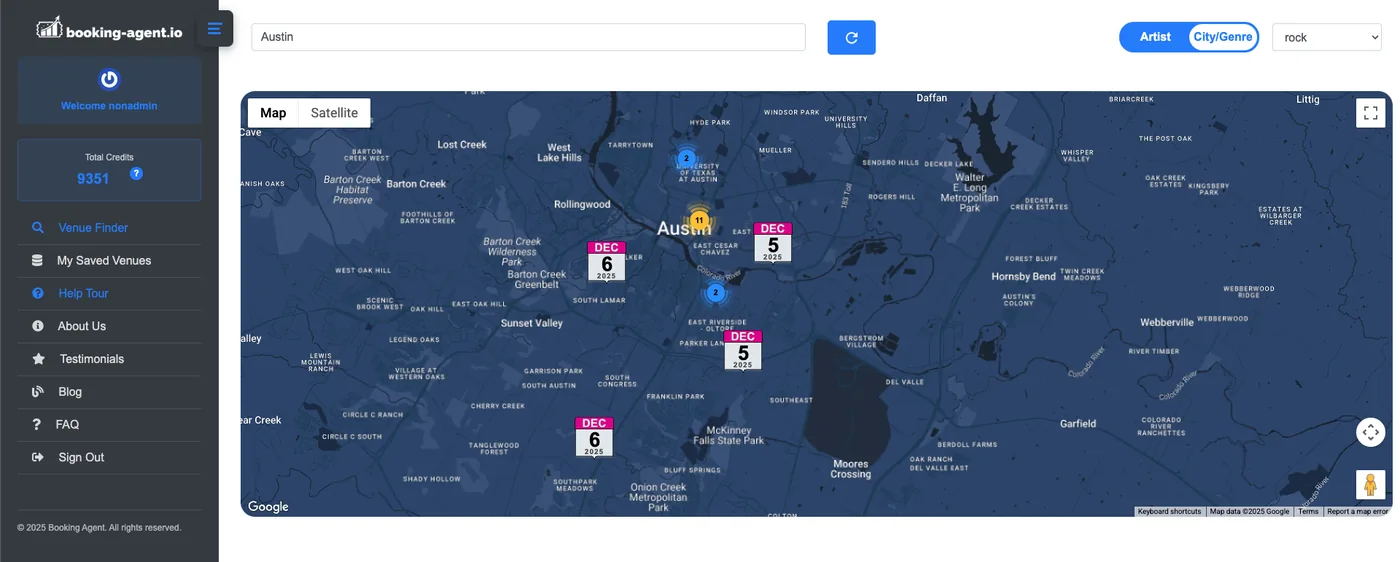 Booking-Agent.io venue map for Austin, with pins for venues booking similar artists and their upcoming show dates