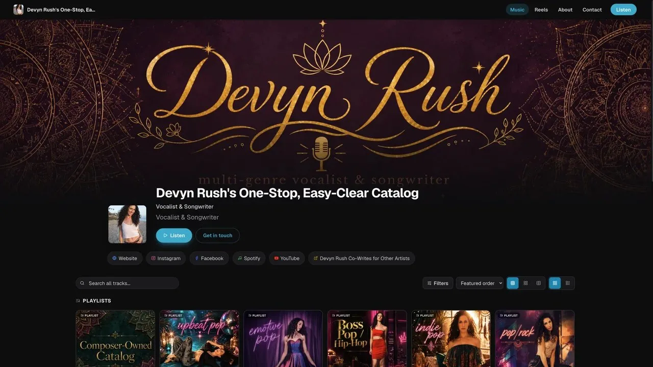 A live DropCue EPK for vocalist and songwriter Devyn Rush: banner, bio, links and playlists