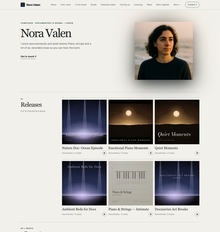 Marc Aaron Jacobs EPK in The Archive template: light paper, serif type and a shelf of releases