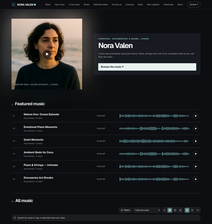 Marc Aaron Jacobs EPK in The Screening Room template: cinematic screen with featured music below