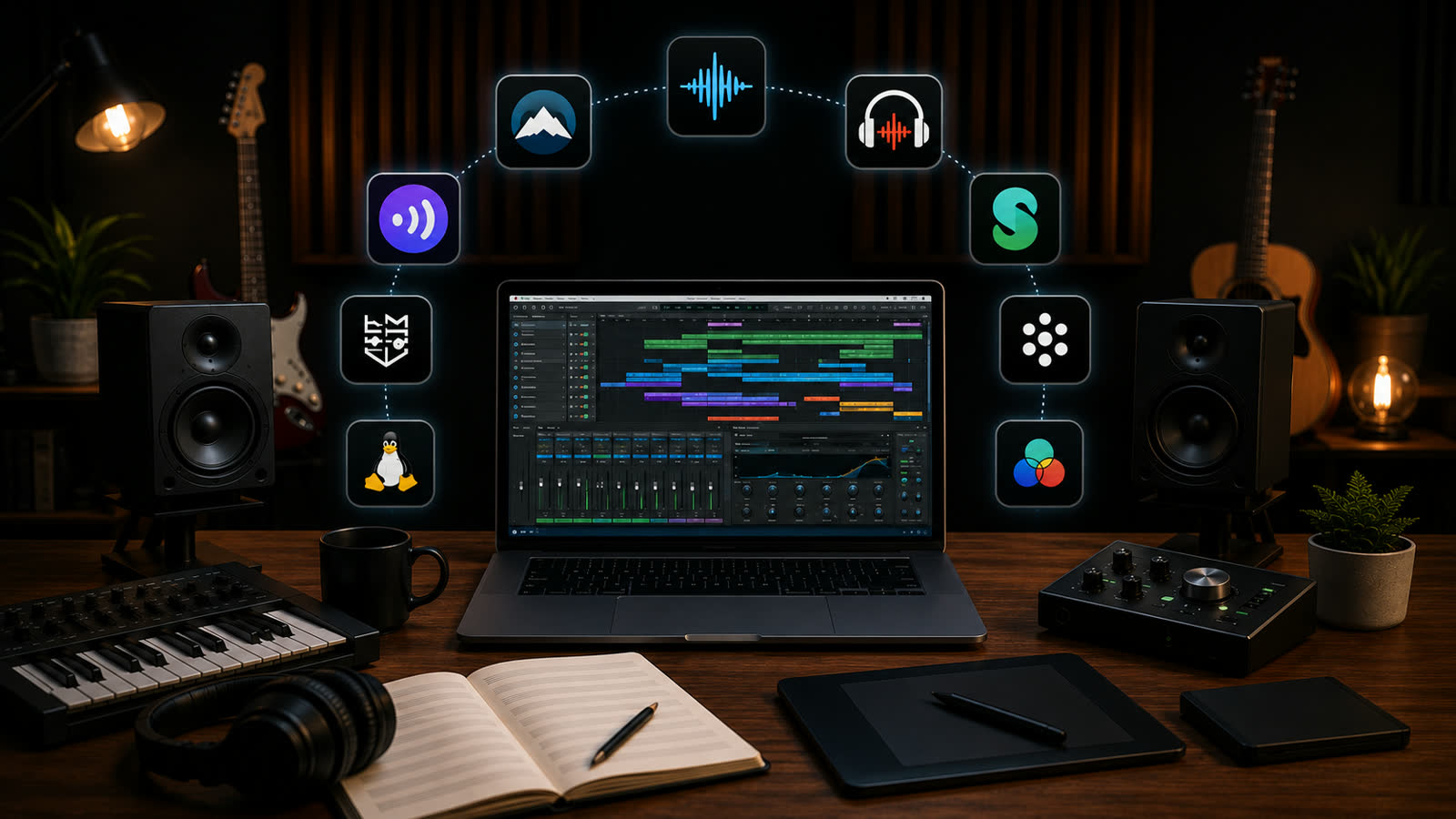 A working composer's desk showing a laptop with a DAW open, an audio interface, midi keyboard, headphones, and a notebook. The free tool stack lives across multiple surfaces.
