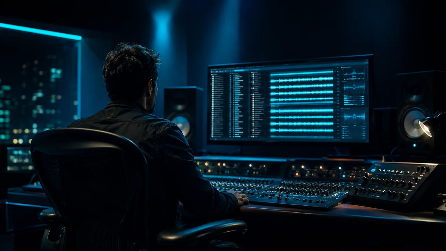 A composer at a mixing desk in a premium dark studio reviewing an organized catalog of tracks ready to pitch to a music library