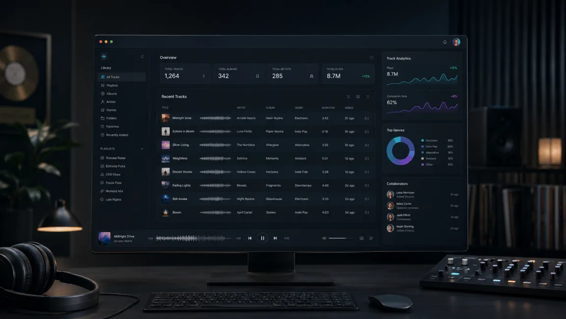 Music catalog dashboard on a studio desk showing a track library with waveforms, play analytics, and recent collaborator activity