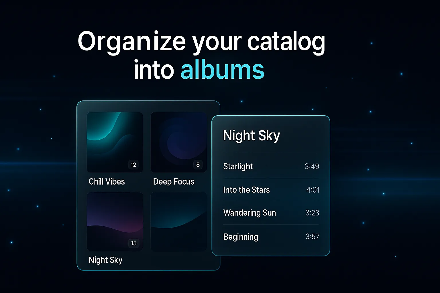 A music catalog organized into albums with cover art and track counts