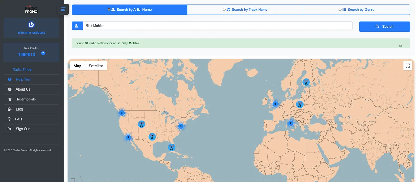 RadioPromo.io search by artist name, showing 38 radio stations playing similar music plotted on a world map