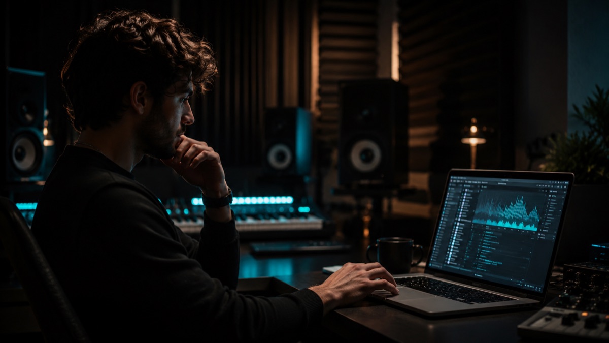 a composer working late in a dark studio with monitors, a MIDI keyboard, and an audio waveform on the laptop screen