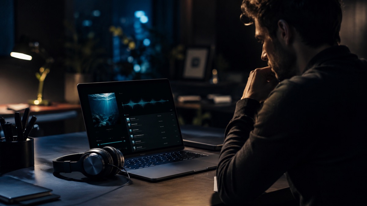 a music professional reviewing a branded playlist and waveform on a laptop with headphones on the desk