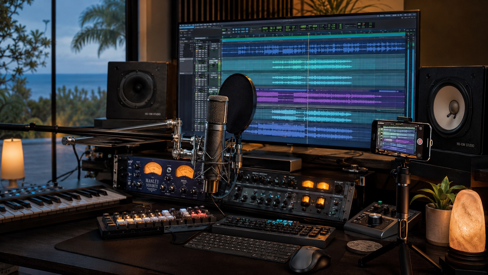 Modern Beverly Hills home producer studio with a Sony C800G vocal microphone on a boom arm with pop filter, a glowing Manley VOXBOX channel strip, a Pro Tools session with detailed waveforms on the monitor, Yamaha NS-10 monitors, and a smartphone on a tripod aimed at the screen for TikTok production breakdowns.