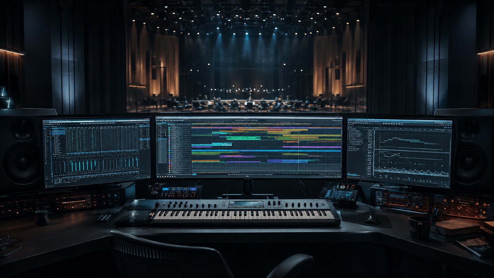 Cinematic film-scoring studio with three monitors showing a Cubase orchestral session, a MIDI keyboard, and a concert hall visible through the back glass wall, the kind of setup Hans Zimmer is known for.