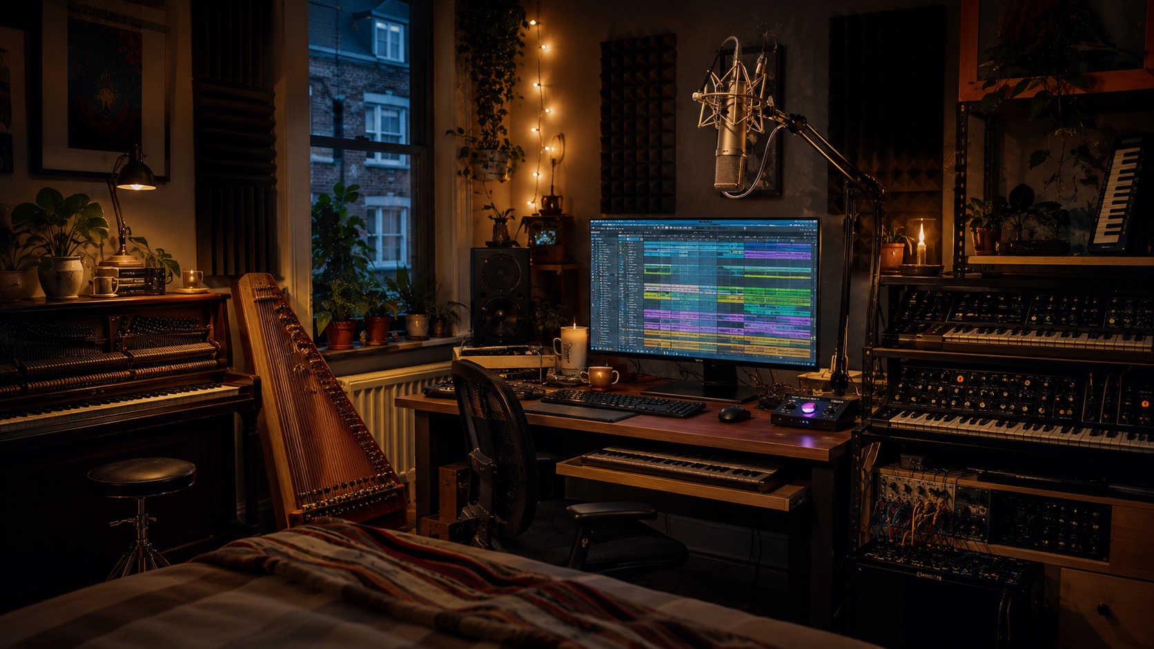 Cozy North London home recording studio with an upright piano, hammered dulcimer, vintage synths, a Neumann TLM 49 microphone on a boom arm, and a Logic Pro session showing dozens of stacked vocal tracks on the monitor, the kind of MASTERY Room setup Jacob Collier records in.