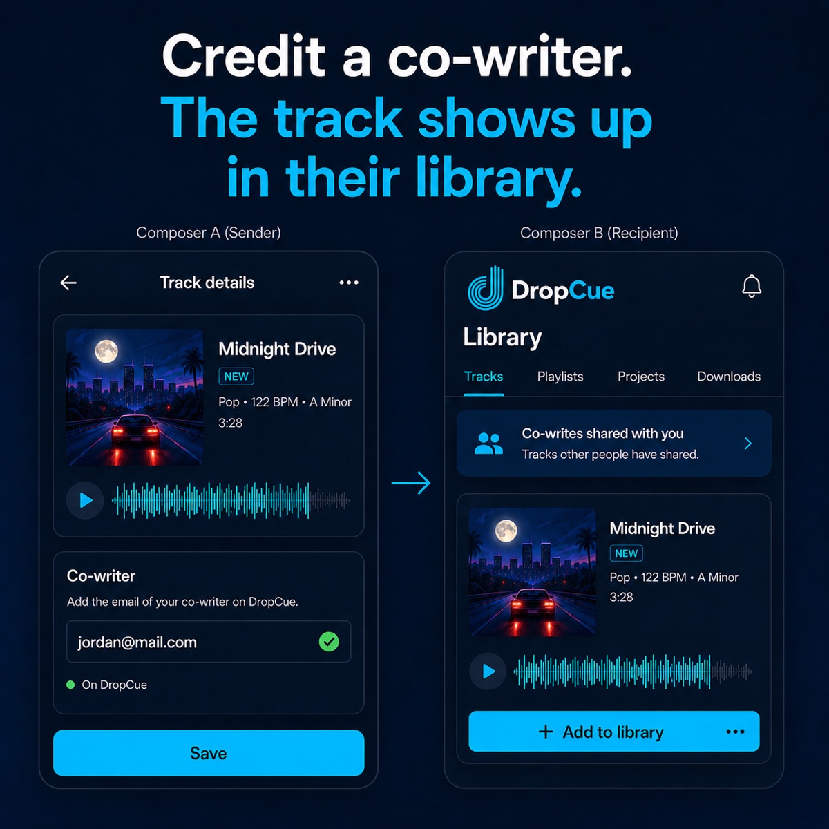 Credit a co-writer by email on DropCue and the track shows up in their library, ready to accept