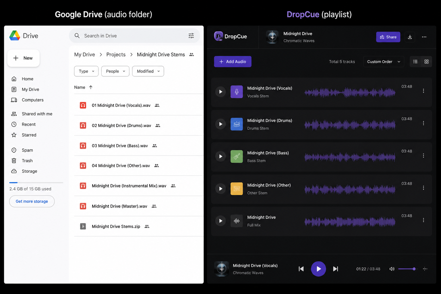 Side-by-side comparison: a Google Drive folder of audio files versus a branded DropCue playlist with streaming, analytics, and feedback tools