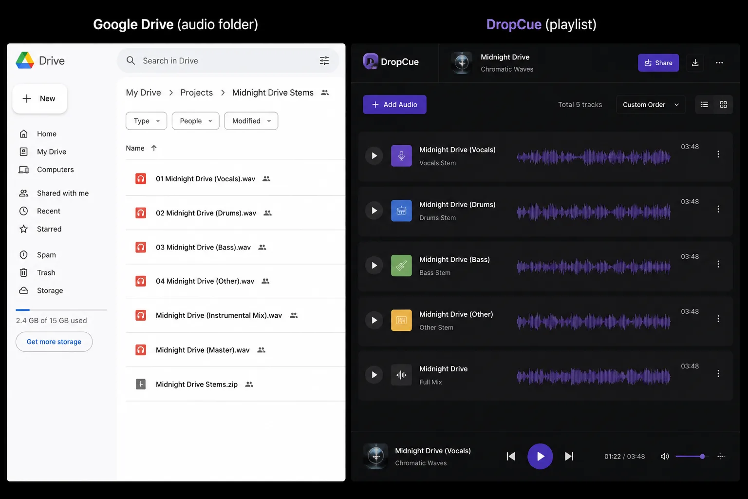 Side-by-side comparison: a Google Drive folder of audio files versus a branded DropCue playlist with streaming, analytics, and feedback tools