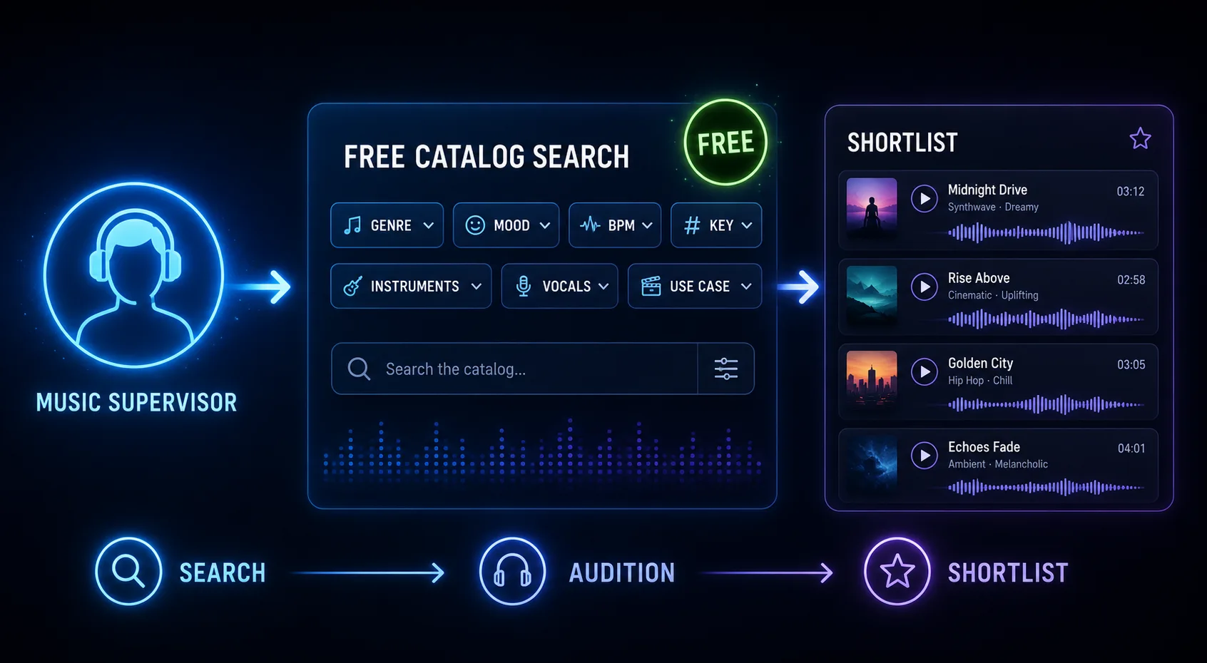 Diagram of a music supervisor running a free DropCue catalog search, filtering by genre, mood, BPM, and key down to a shortlist of tracks