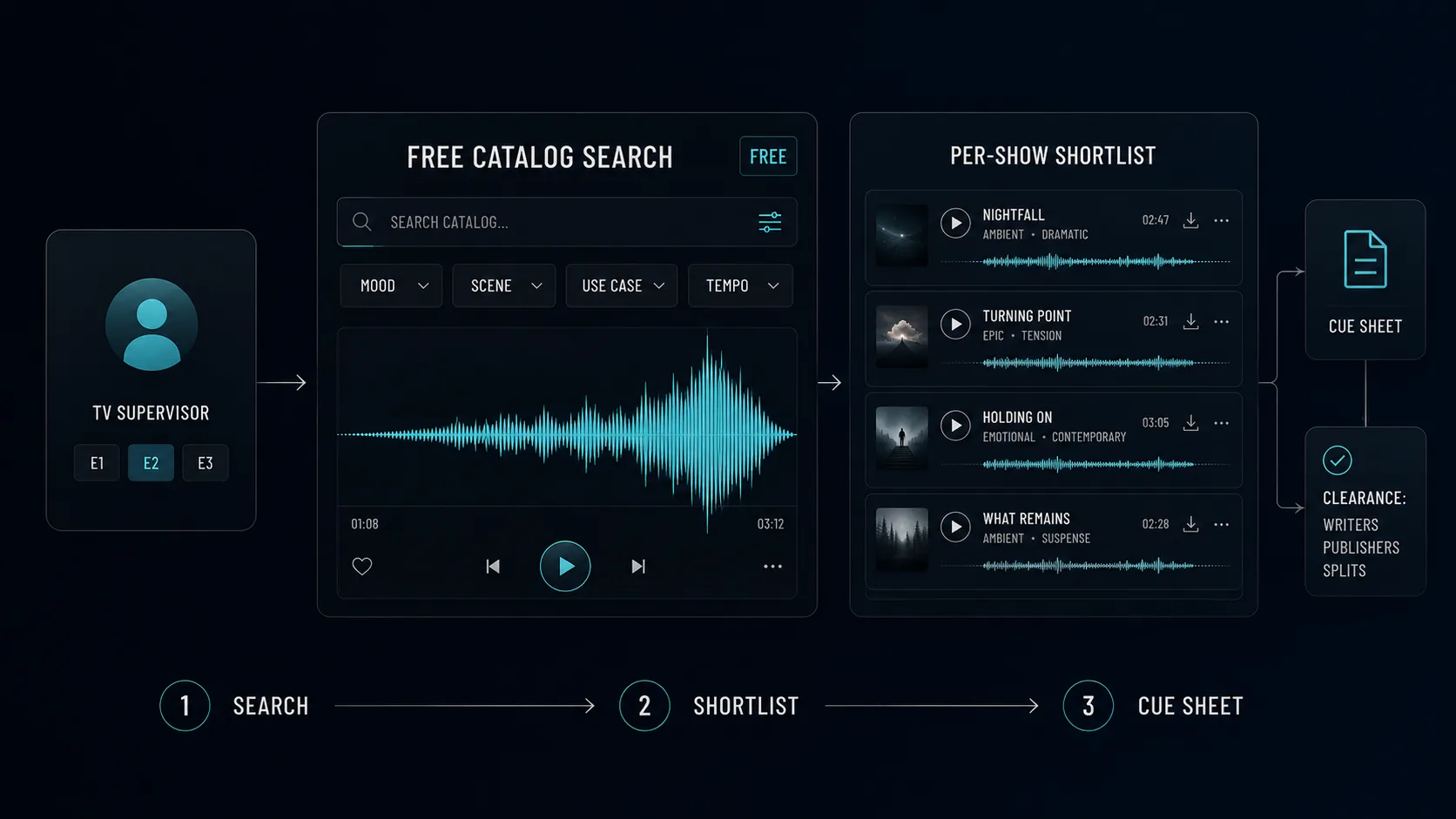 Diagram of a TV music supervisor searching a free catalog across episodes, filtering by scene and mood to a shortlist with cue sheet and clearance data ready