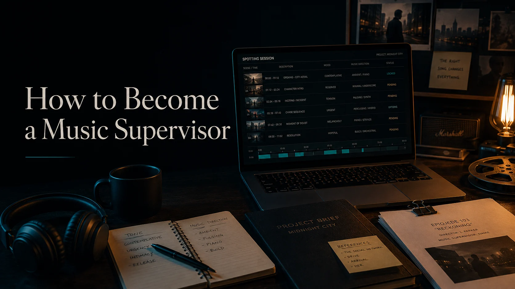 A music supervisor's spotting-session workspace