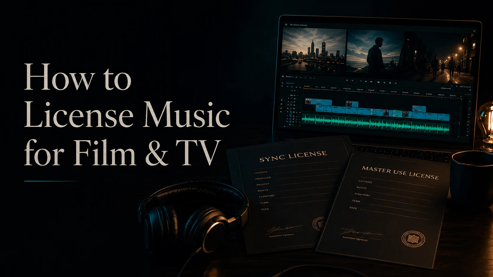 Sync and master use license documents beside a film editing timeline