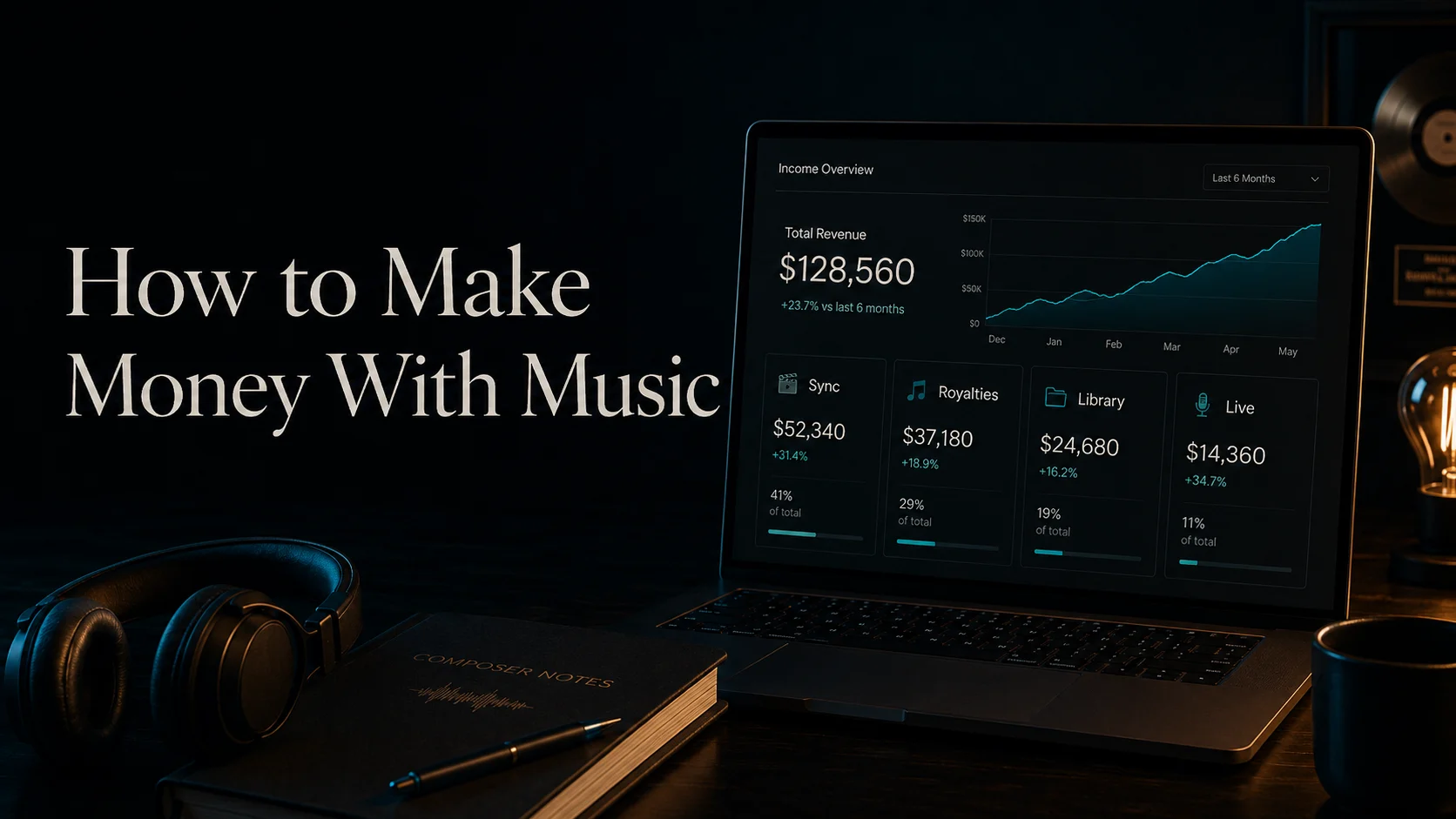 Music income overview dashboard showing sync, royalties, library, and live revenue