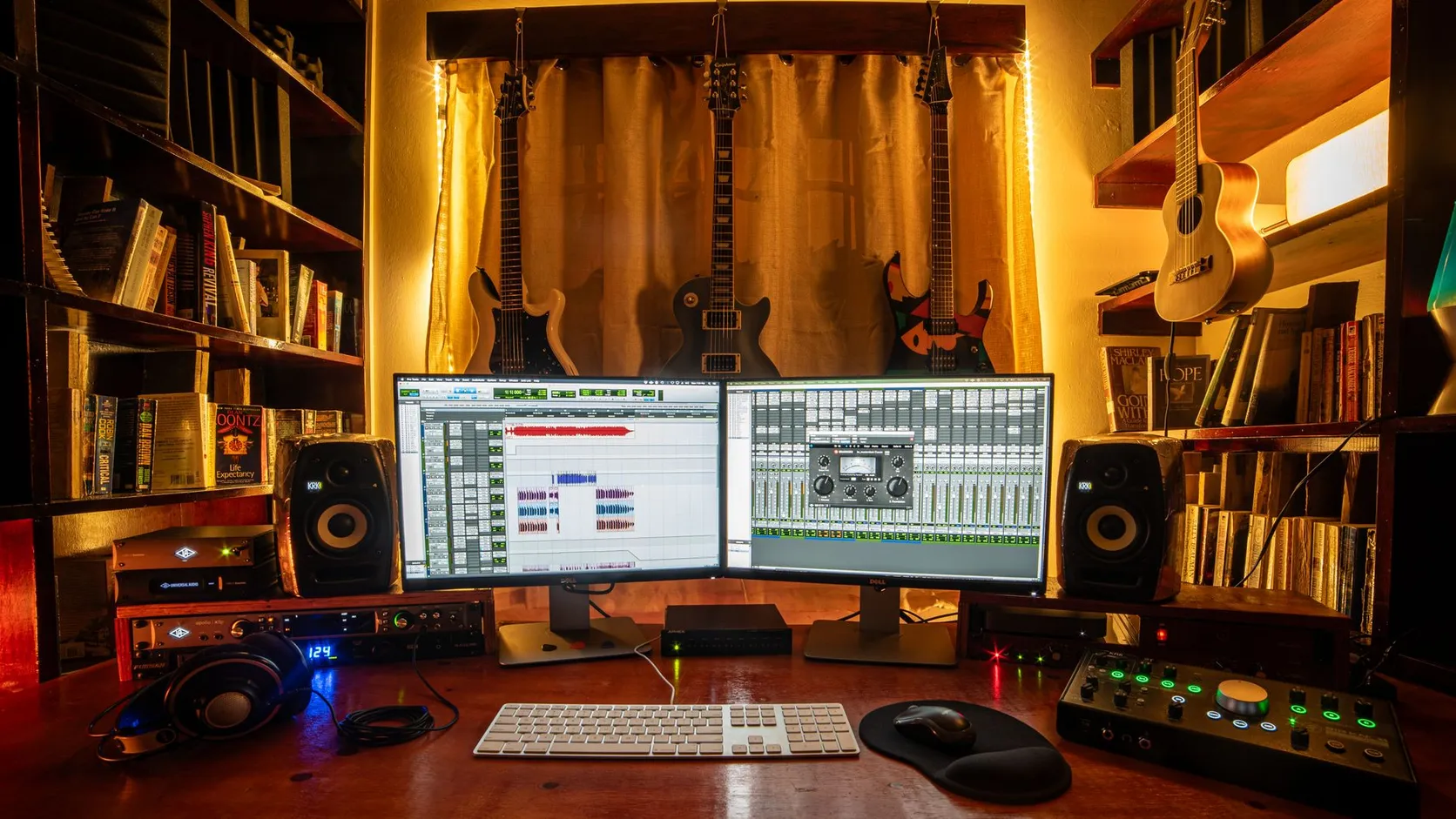 Home recording studio with monitors and an audio interface