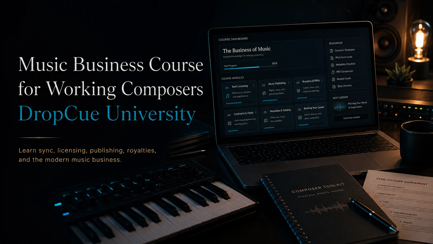 A glowing roadmap of music-business icons representing an online course