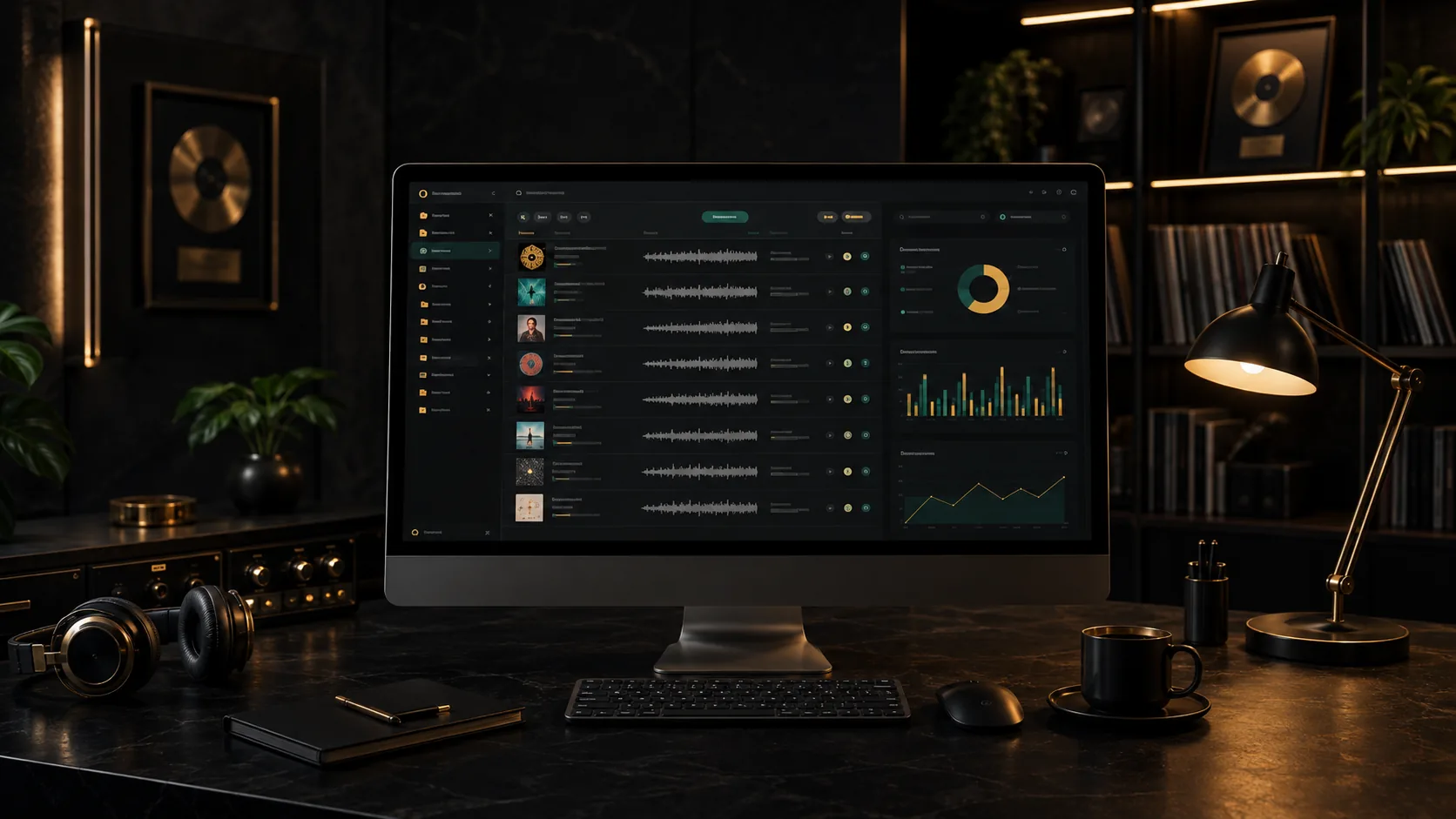 A music catalog management interface showing a track list with waveforms alongside catalog analytics charts