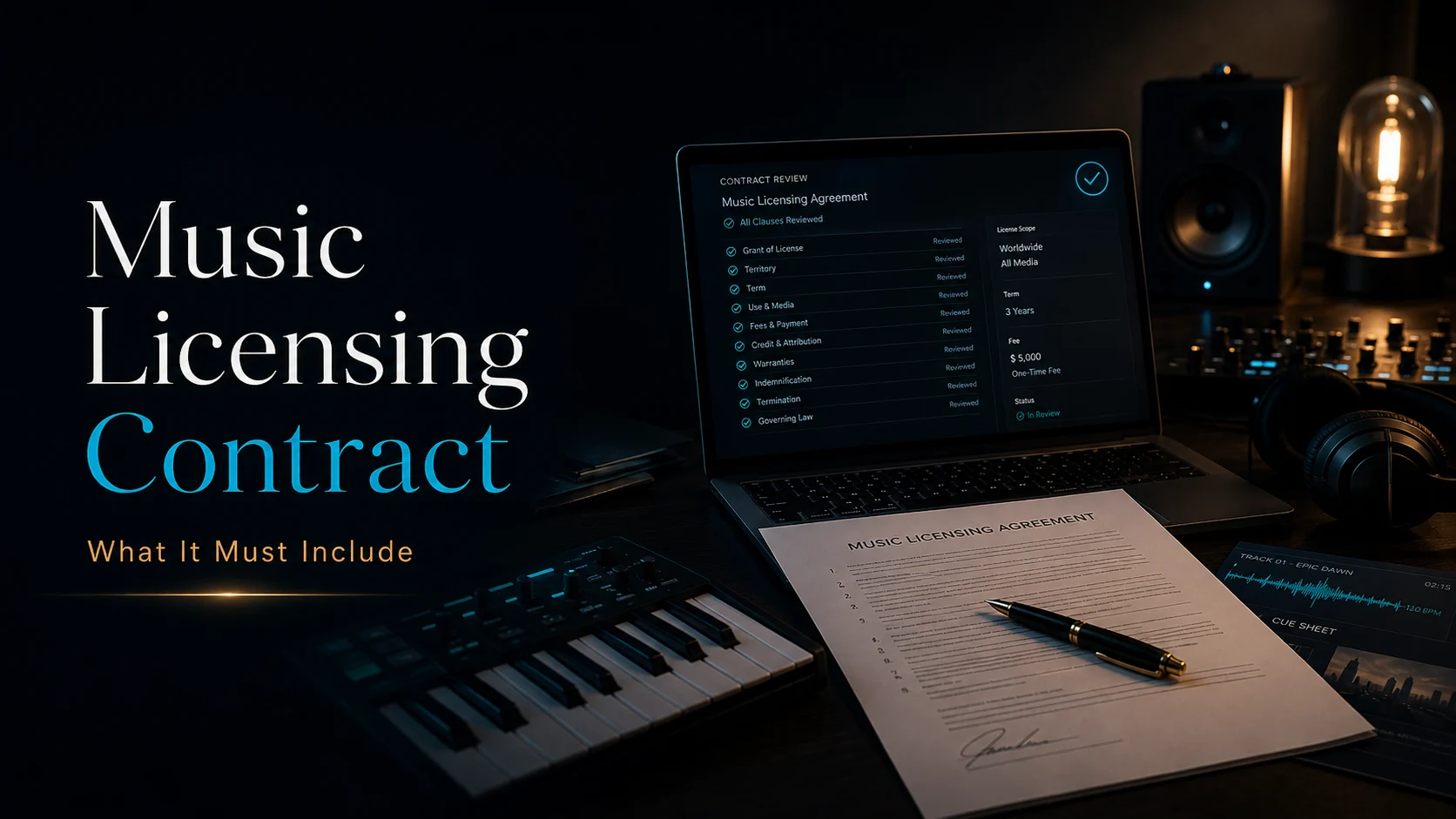 A music licensing agreement document with a sound wave and signature