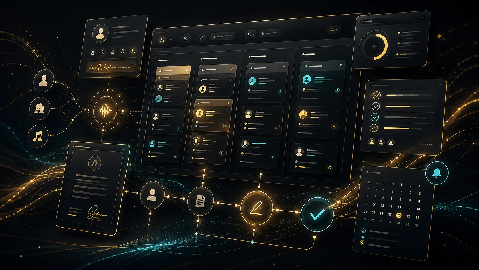 A music licensing pipeline board with contact cards, pitch stages, and a signed agreement moving to completion