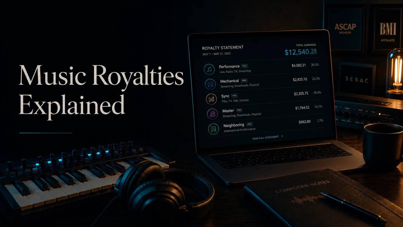A royalty statement breaking down the types of music royalties