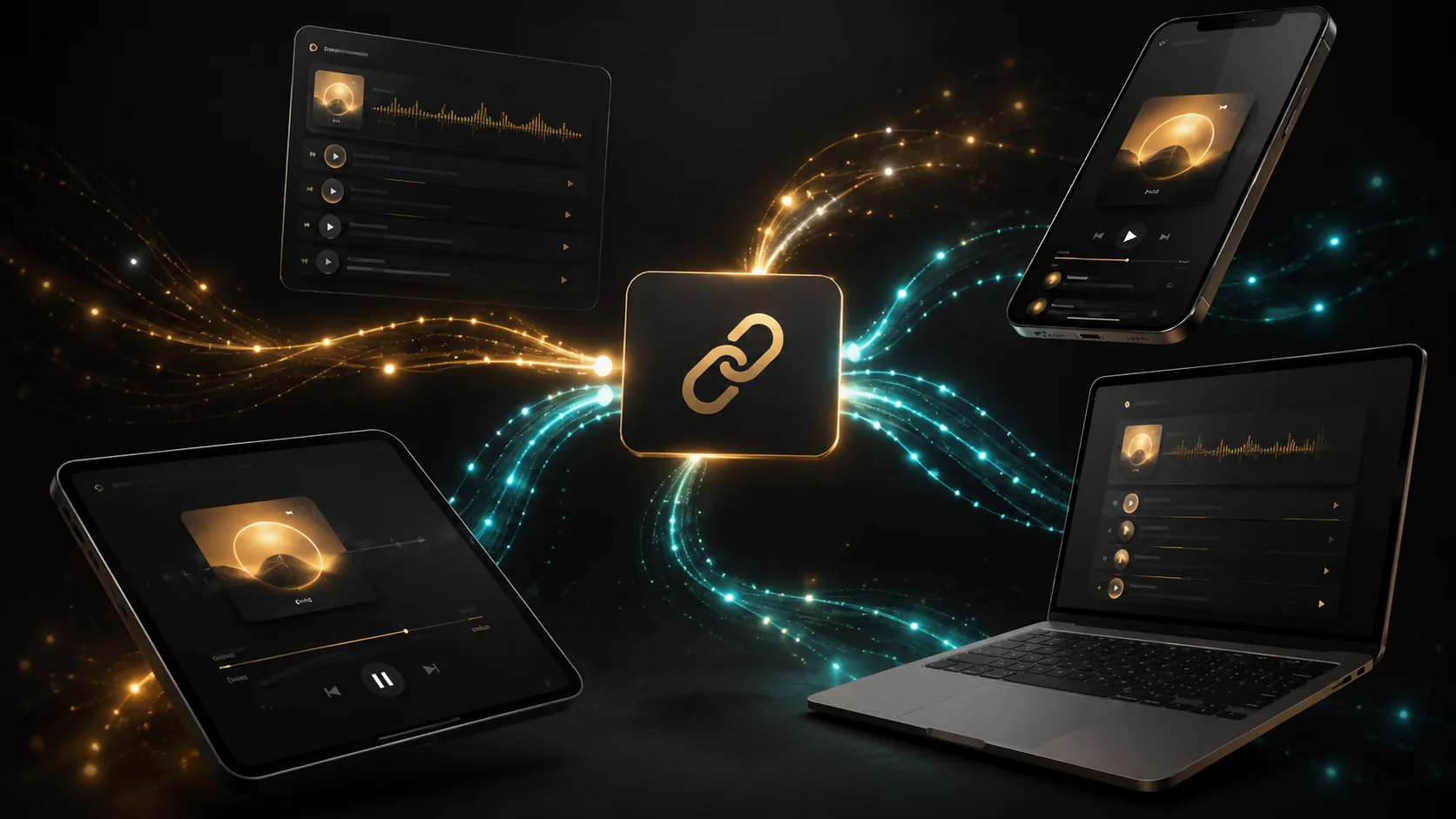 A single share link fanning out to a music player running on a phone, a tablet, and a laptop with no login screen