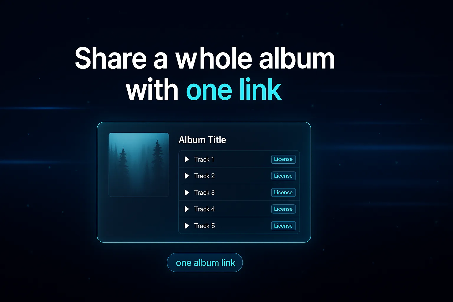 A shared album page with cover art and a track list, shared as a single album link with a License tag on each track