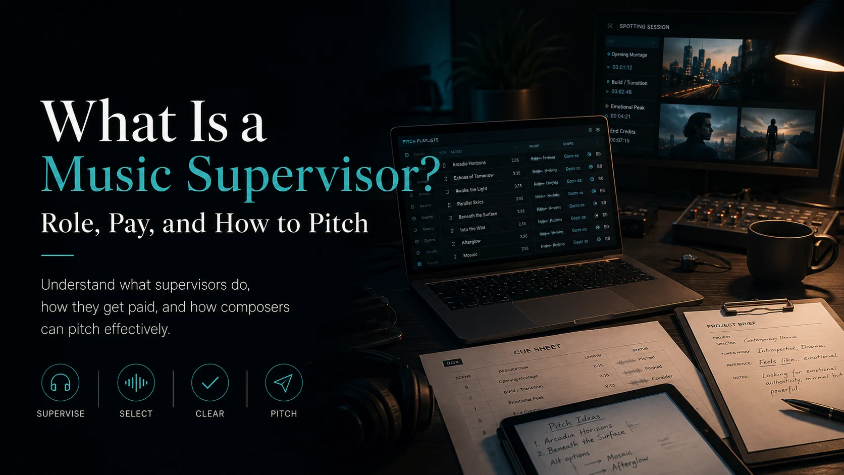 A music supervisor's workspace selecting music for film and TV