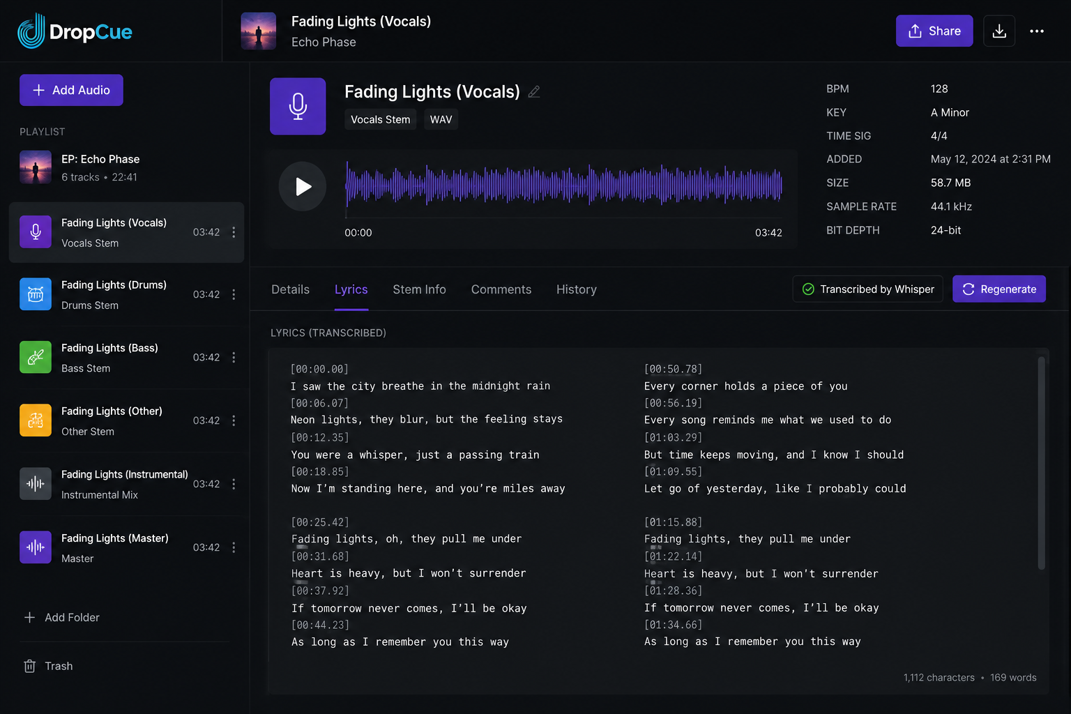 DropCue AI lyric transcription auto-populating the lyrics field on a track detail page using OpenAI Whisper