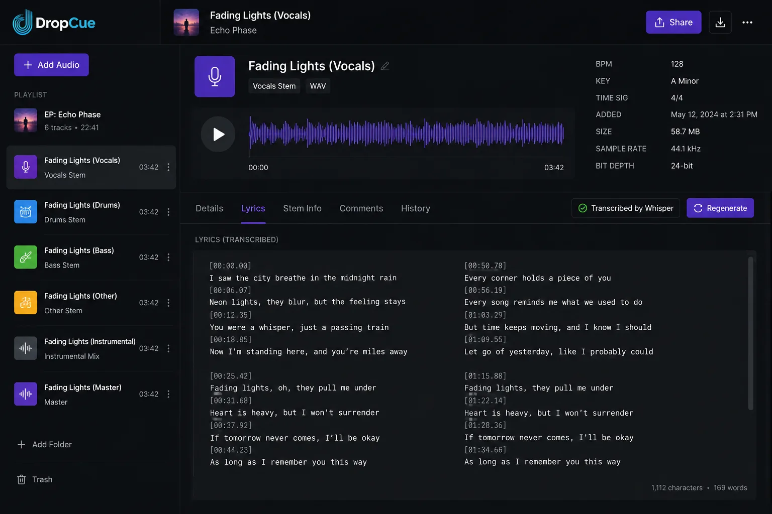 DropCue AI lyric transcription auto-populating the lyrics field on a track detail page using OpenAI Whisper