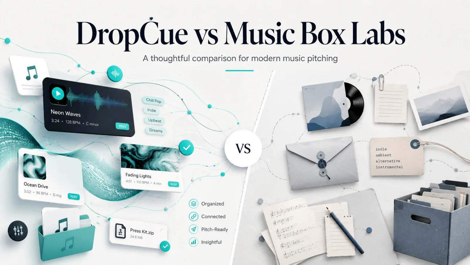 DropCue's organized, pitch-ready digital catalog with waveforms, BPM, key, and tags versus a scattered analog approach of loose notebooks, vinyl, and paper.
