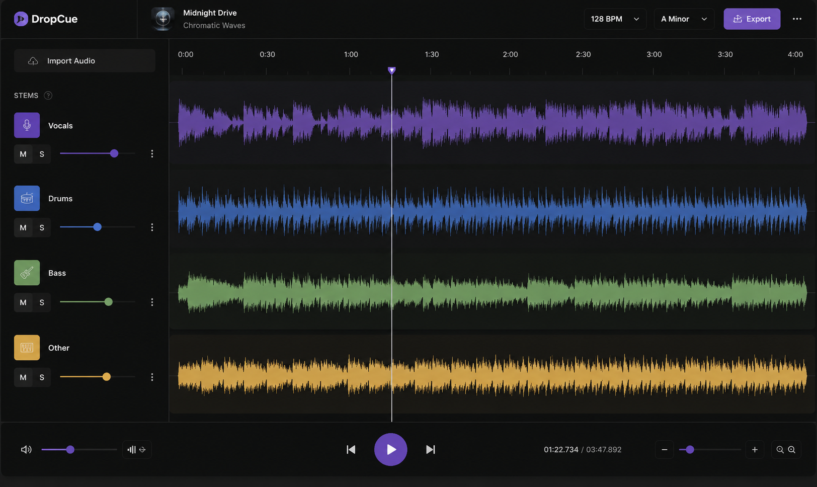 DropCue stem separation interface splitting a track into vocals, drums, bass, and other instrument stems