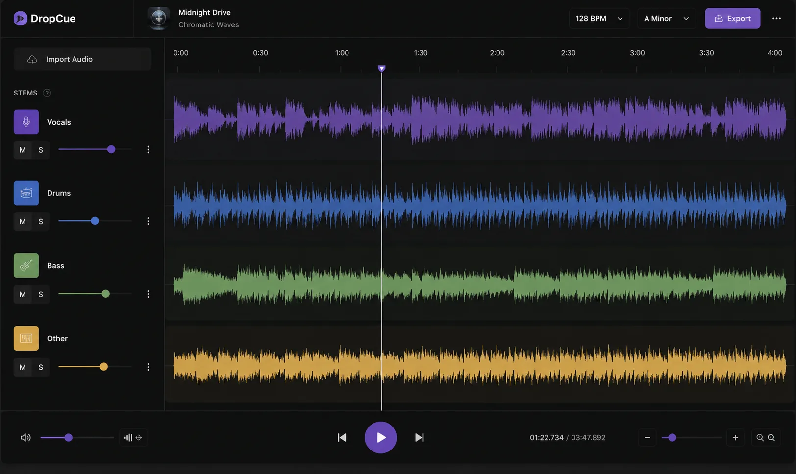 DropCue stem separation interface splitting a track into vocals, drums, bass, and other instrument stems