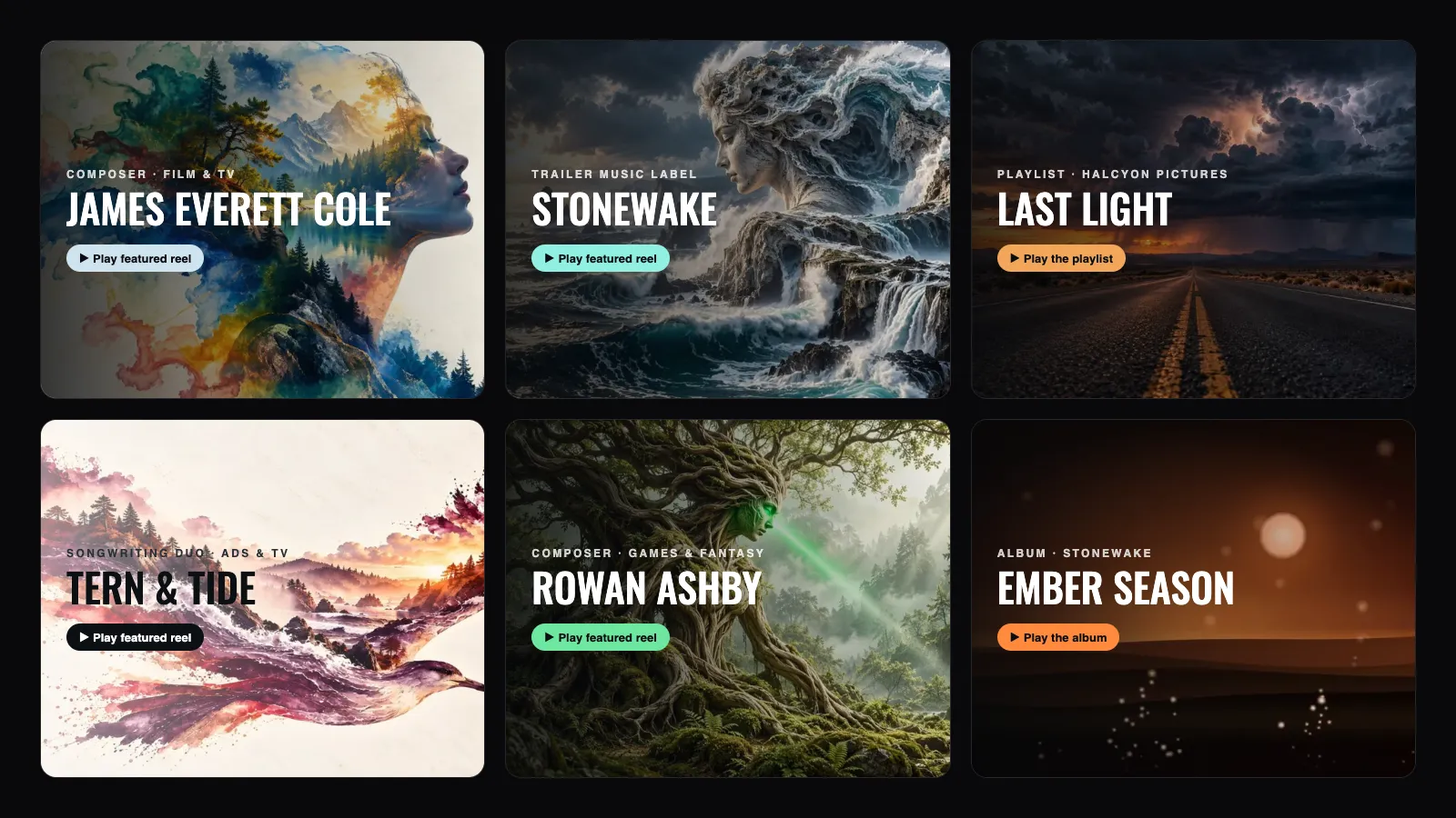 Six DropCue pages in The Marquee design: composer portfolios, a trailer label, a playlist and an album, each with a looping video behind the title