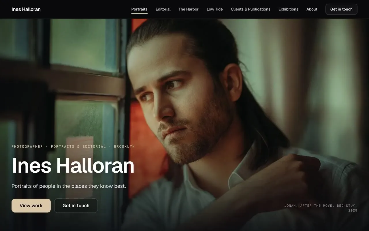 A photographer portfolio in The Gallery design: a full-screen portrait as the cover with the name Ines Halloran over it